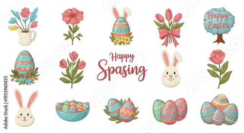 Collection of Easter-themed illustrations featuring bunnies, eggs, flowers in a spring setting from a direct viewpoint