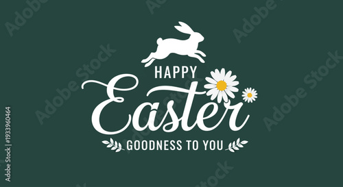 Easter celebration illustration featuring a bunny and daisies on a dark green background viewed from the front