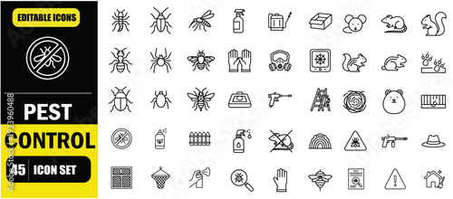 Pest Control & Insects Outline Icon Set, Bug Management, Termites, Rodents, Insect Spray, Extermination Services, Linear Editable Stroke Vector Illustration