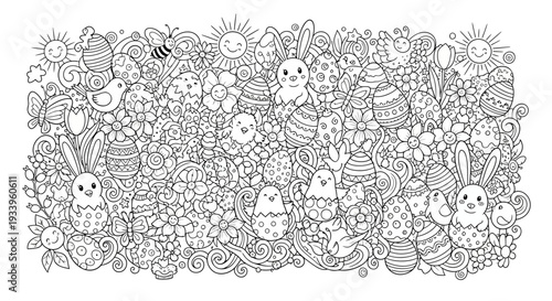 Whimsical illustration of cartoon animals and flowers in a garden scene viewed from above, featuring various creatures and plants.