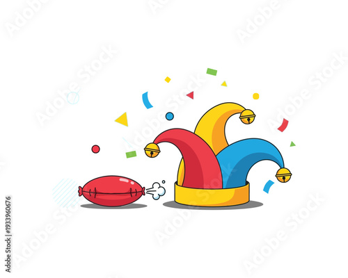 A jester's hat with bells and confetti, next to a deflated balloon shaped like a chicken leg.