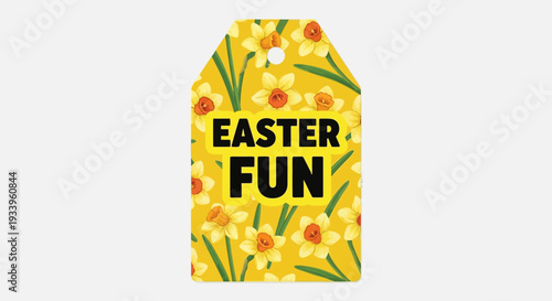 Vibrant Easter gift tag with floral pattern and bold text, viewed directly from the front, showcasing festive design elements