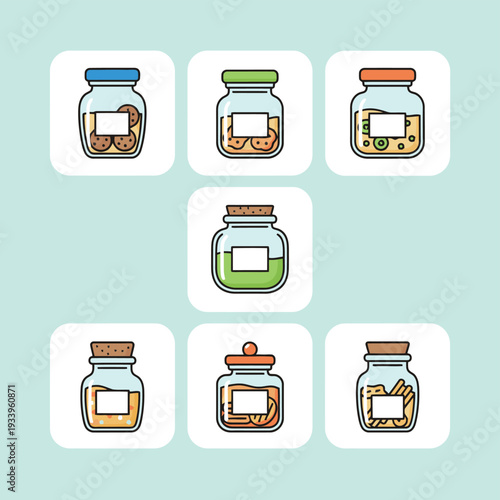 Set of glass storage jars with various snacks and cookies featuring different lid styles and labels for kitchen organization food preservation pantry storage and homemade treats packaging design