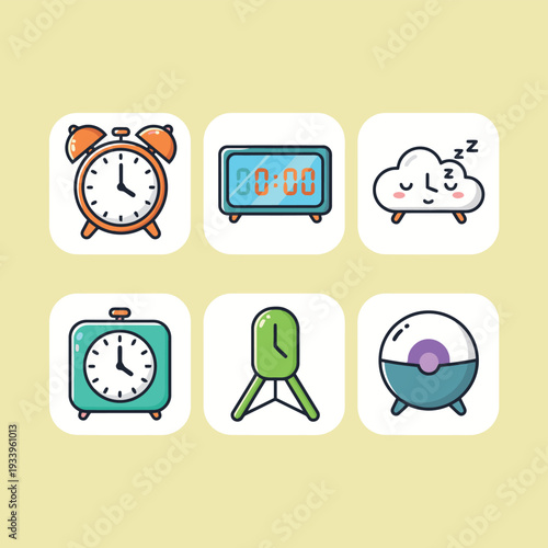 Collection of alarm clock and timekeeping icons featuring classic twin bell digital display sleeping cloud and modern desk clocks for morning routine wake up call and productivity management