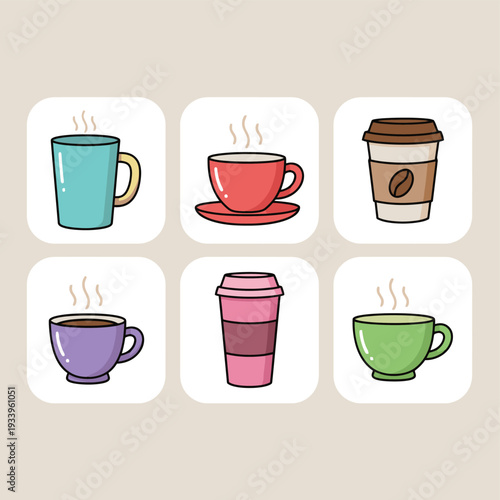 Set of coffee and tea cup icons featuring various mug styles takeaway paper cups and ceramic saucers for beverage shop menu cafe branding and morning hot drink culture graphic design