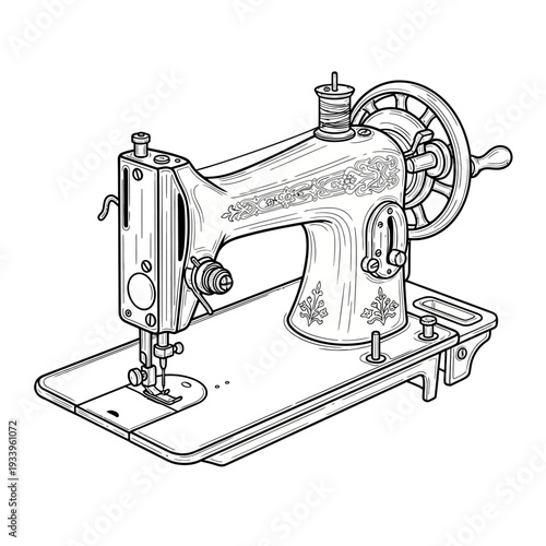 Vintage antique sewing machine with a metal needle and thread spool isolated on a white background for retro tailor craft and textile fashion work