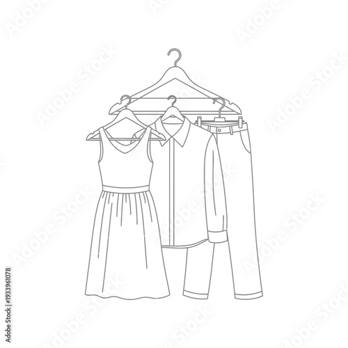 A vintage fashion illustration set featuring a stylish woman's dress and shirt on vector clothes hangers for elegant garment design