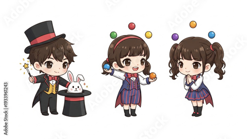 Cute Cartoon Children Performing Magic and Juggling