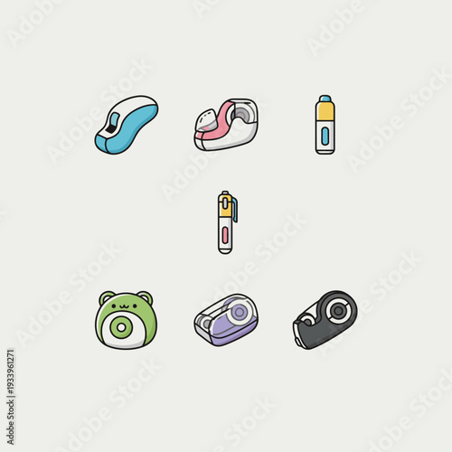 Collection of office stationery and correction tools including tape dispensers correction tape pens and cute animal shaped staplers for school supplies workplace organization and desk equipment