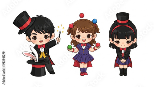 Cute Cartoon Magicians Performing TricksCute Cartoon Magicians Performing Tricks