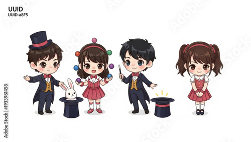 Cute Chibi Magician Characters Performing Magic Tricks