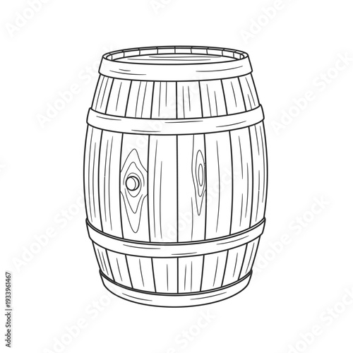A vintage oak wood barrel stands as an isolated container on a white background, representing an old wine or beer keg perfect for alcohol storage in a cellar or winery