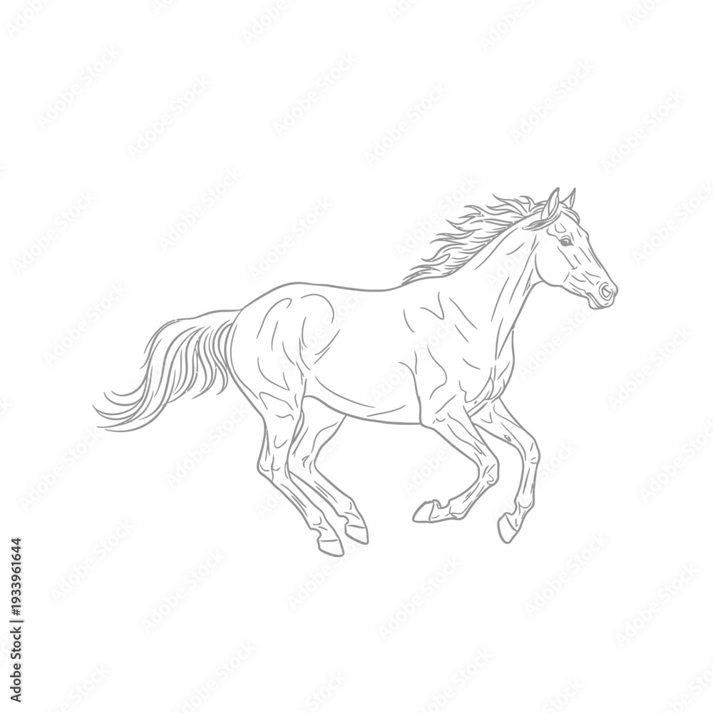 Obraz premium A wild black mustang stallion is depicted in a running horse vector illustration, showing a powerful silhouette of the equine animal galloping in a creative silhouette drawing isolated on white
