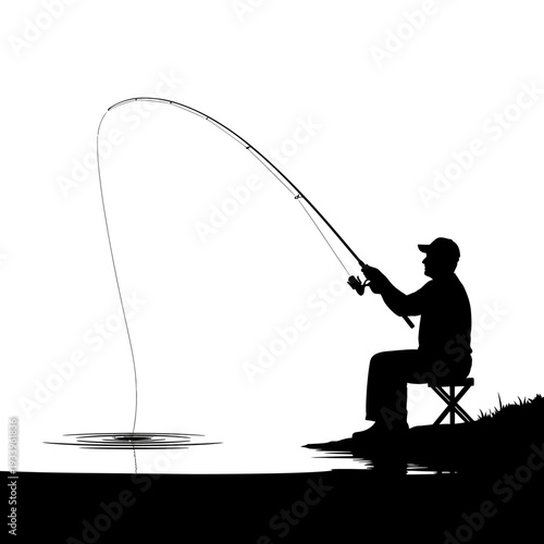 A silhouette illustration of a person and woman enjoying the leisure sport of fishing with a rod and bow as an angler catches a fish on the lake and beach