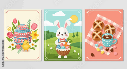 Easter Bunny Illustration with Cake and Coffee Set in a Spring Landscape