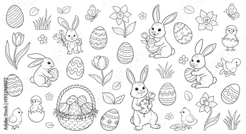 Easter-themed illustration featuring rabbits, eggs, flowers, and birds in a playful arrangement from a direct viewpoint