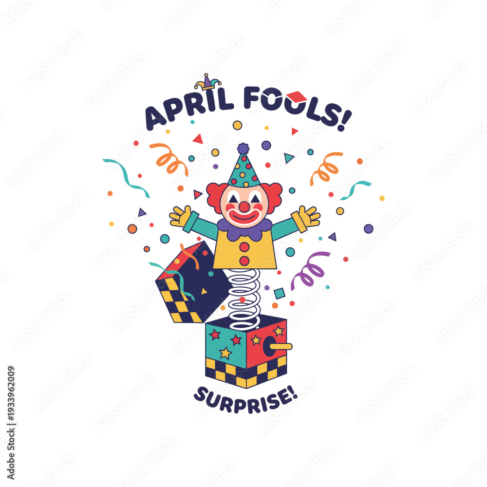 Obraz premium A colorful illustration of a jack-in-the-box clown popping out with confetti and streamers, celebrating April Fools' Day with the words 