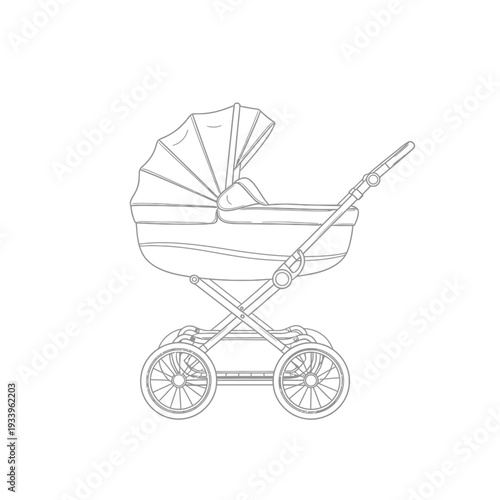 A vintage pink baby carriage illustration featuring a newborn infant pram with cartoon wheels, designed as a vector icon for a childhood birth card or family celebration