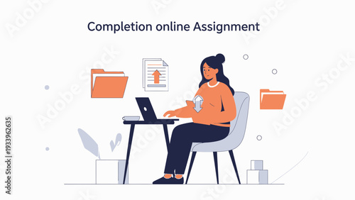 Woman completing online assignment on laptop, modern flat illustration