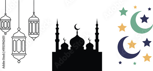 Islamic lanterns mosque and moons with stars icons vector set for ramadan kareem celebration