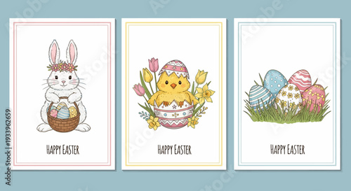Easter-themed illustrations featuring bunny, chick, and eggs in various settings and frames viewed from the front