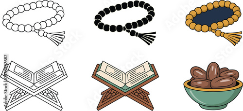 Islamic prayer beads, rosary, holy quran book on stand, and dates fruit bowl