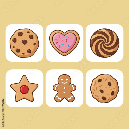 Delicious assorted cookies and biscuits icons set featuring chocolate chip gingerbread man heart and star shapes for bakery and snack promotion