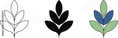 Minimalist plant leaf icon set featuring line art silhouette and colored organic foliage shape