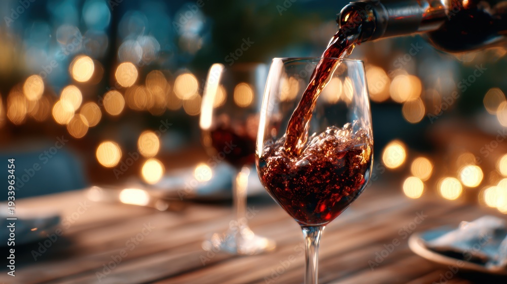 Fototapeta premium This image captures a glass of red wine being poured, with blurred festive lights creating an enchanting atmosphere for a social gathering or romantic dinner setting.