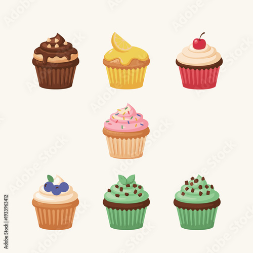 Gourmet cupcakes and muffins set with various toppings like chocolate cherry lemon and blueberry for bakery shop and dessert catering celebration