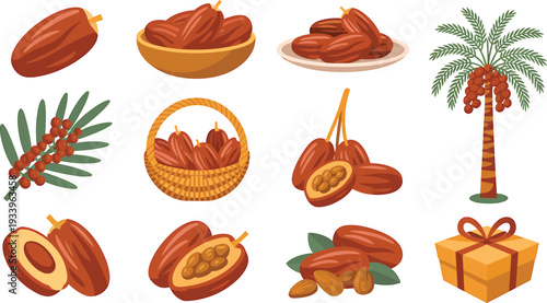 Sweet dried dates fruit collection featuring various baskets plates and palm tree illustrations