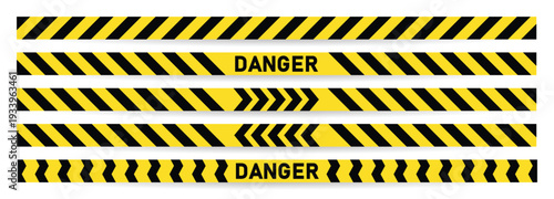 Caution tape hazardous warning tape set. Yellow and black warning ribbons.Seamless barrier. Included brushes. Long danger ribbon. Vector illustration 