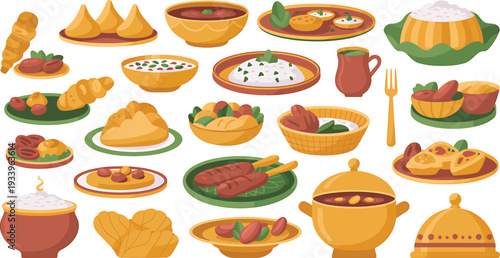 Traditional middle eastern cuisine dishes and ramadan iftar food collection in flat design