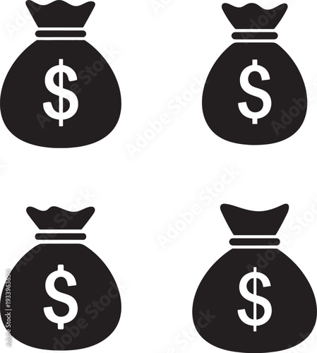 Four black money bags with dollar signs in silhouette style