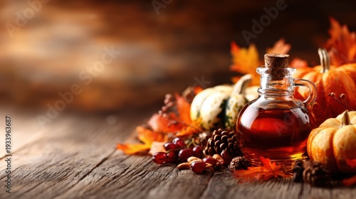 A beautiful autumn display of a glass bottle filled with syrup surrounded by decorative pumpkins and fallen leaves, embodying the warmth of the season and culinary delights.
