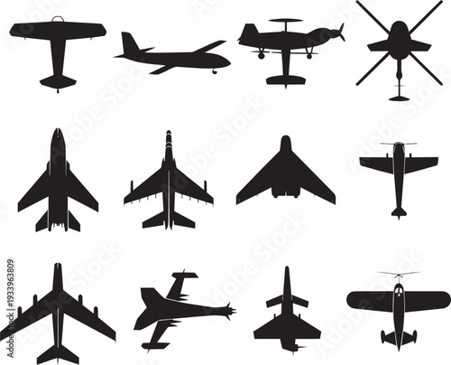 Modern Military Aircraft and Stealth Drone Silhouette Set - Top View Air Force Fighter Jets and Aviation Warfare Icons Vector