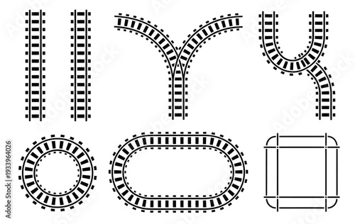 Train track designs featuring railway junction silhouettes with multiple switches, forks, and splitting tracks for complex rail layouts, network planning, and transport route visualization.