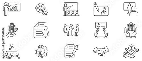 Management web line icon vector set. Business management icon vector. Property, smart grid, leadership, growth, finance, communication, expense, finance, saving, income and more. Vector illustration.