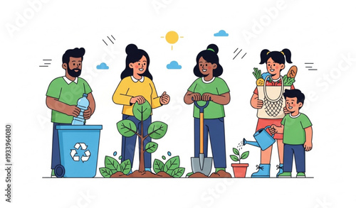 Family eco-friendly lifestyle vector illustration promoting sustainability and conscious living