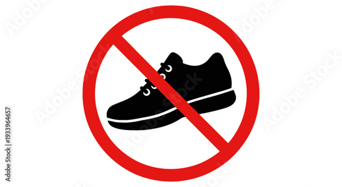 Red circle with diagonal line over black sneakers prohibition