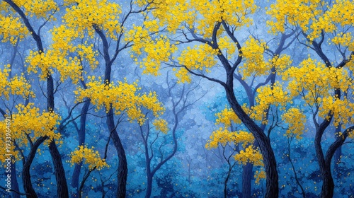 Vibrant Autumn Woods with Yellow Foliage in Misty Blue Background