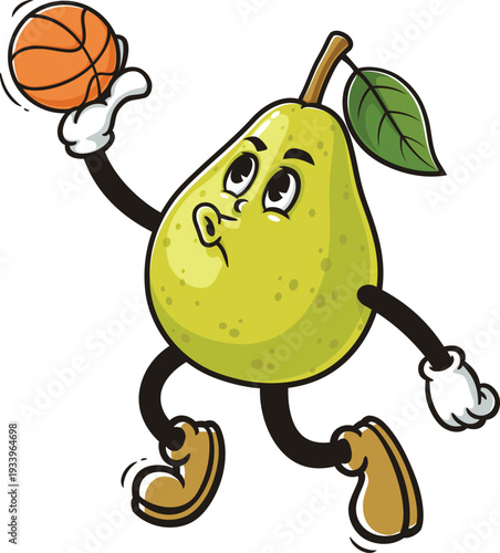 Cartoon pear mascot playing slam dunk basketball