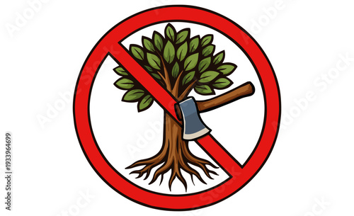 Red circle with a tree and an axe symbolizing prohibition of cutting trees