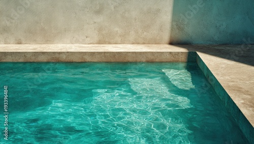 Turquoise pool water reflecting sunlight against concrete in a corner, shadows play on the surface