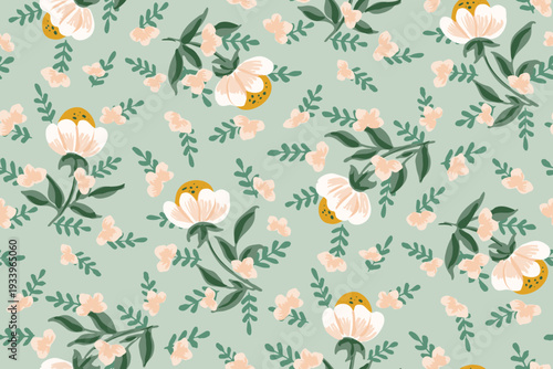Hand painted florals, leaves and sprigs forming a maximalist botanical pattern in colors of white, yellow and cream on green background. Floral seamless vector pattern. Great for home decor, fabric.