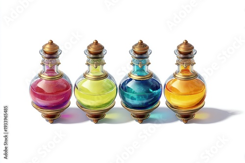 Four glass bottles, each filled with a different colored liquid, set against a stark white backdrop