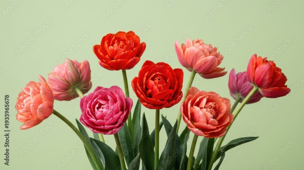 Fototapeta premium Vibrant red and pink double tulips bouquet on a green background