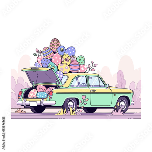 A vintage car overflowing with colorful Easter eggs, ready for a festive celebration.
