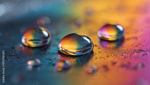 Close-up view of water droplets reflecting iridescent rainbow colors on a shiny surface