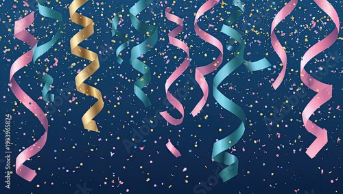 Colorful, curling ribbons and tiny confetti float in a celebratory, dark-blue background